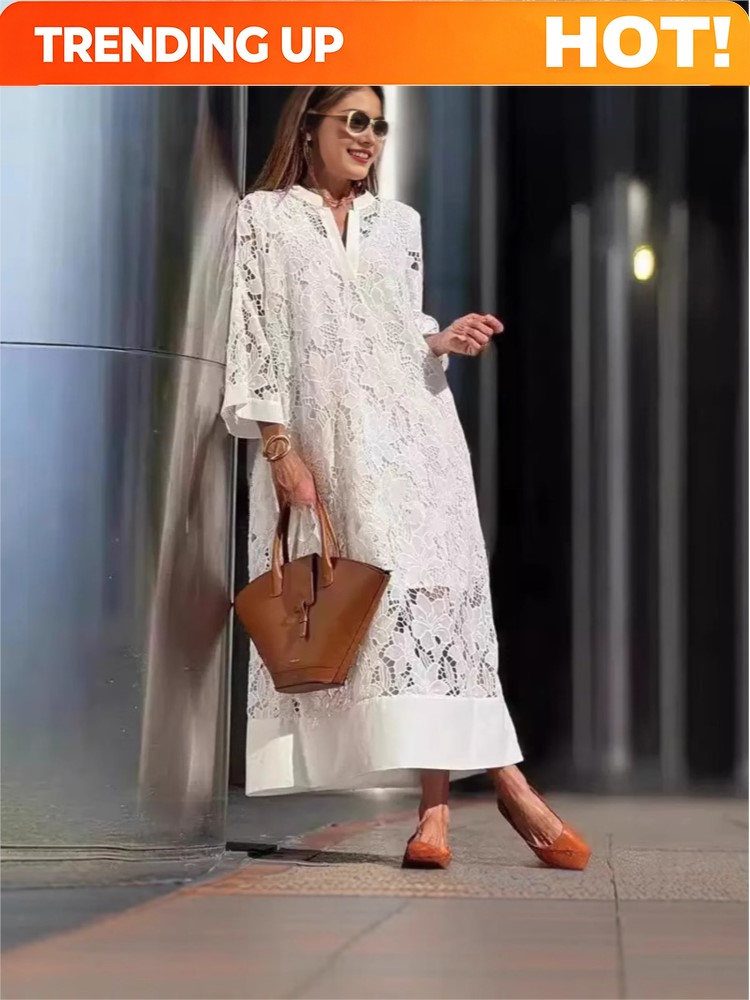 Embroidery Flower - White Embroidery Lace Dress Women Spring
