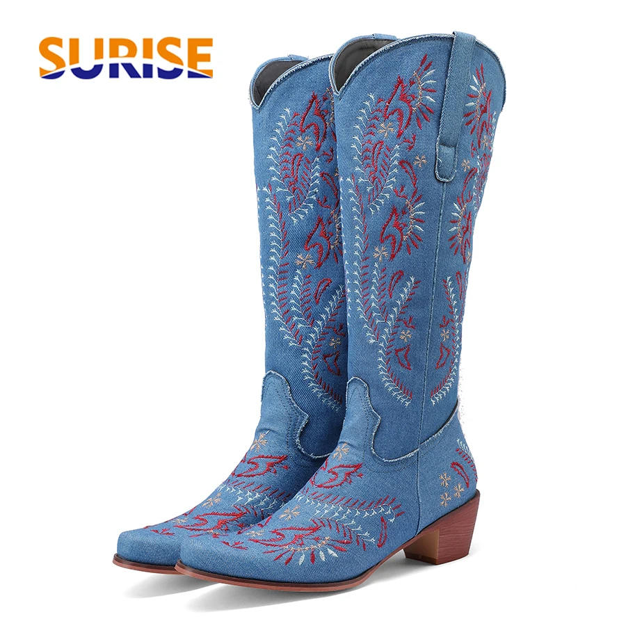 Blue Denim Western Cowgirl Kne - Embroidery Flower 评论和价格