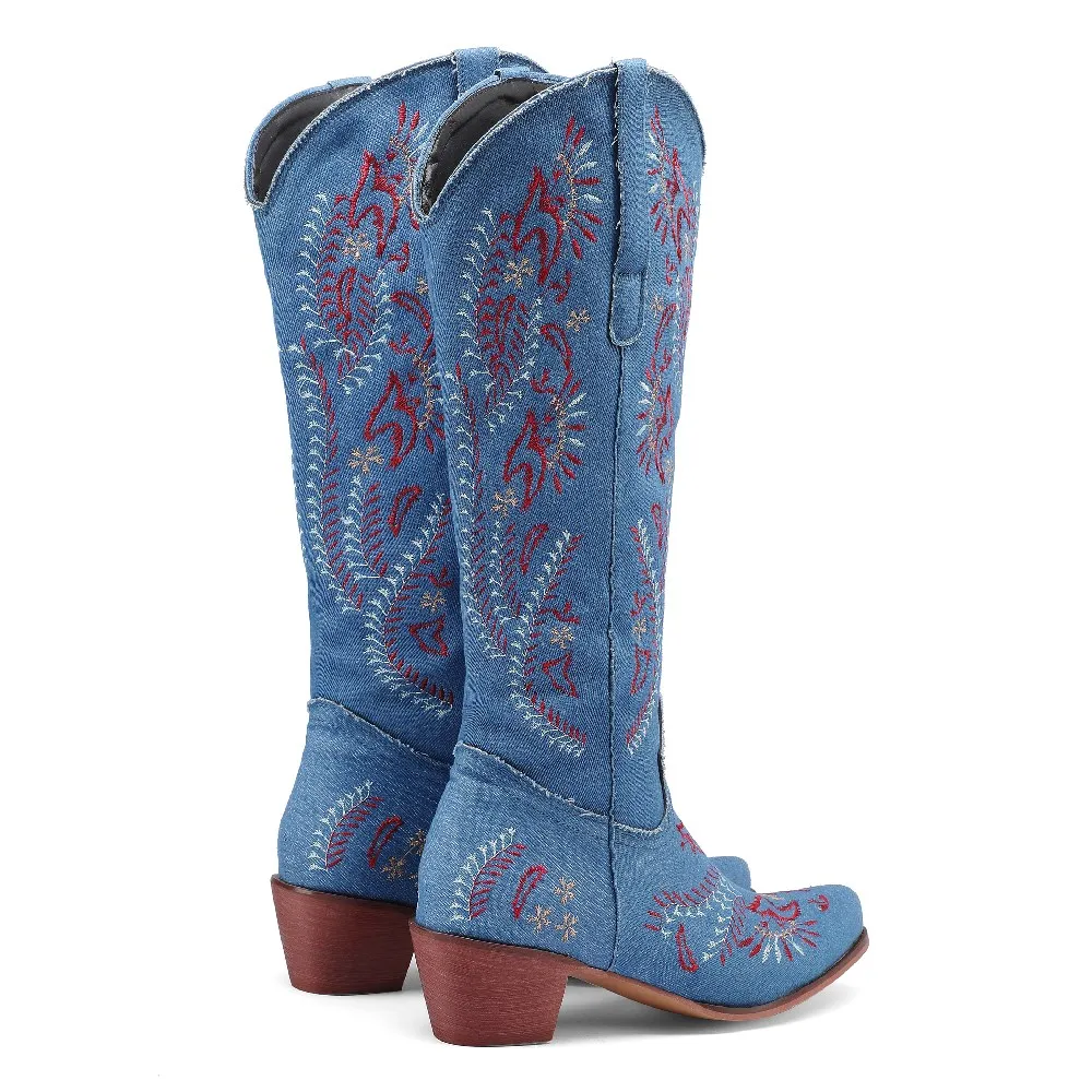 Blue Denim Western Cowgirl Kne - Embroidery Flower 评论和价格