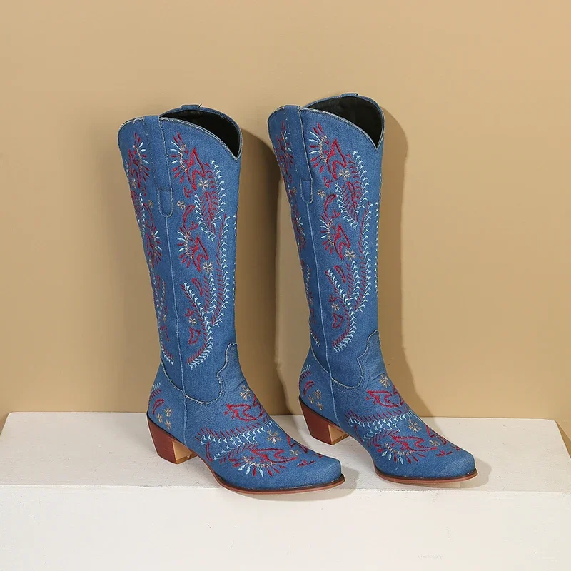 Blue Denim Western Cowgirl Kne - Embroidery Flower 评论和价格
