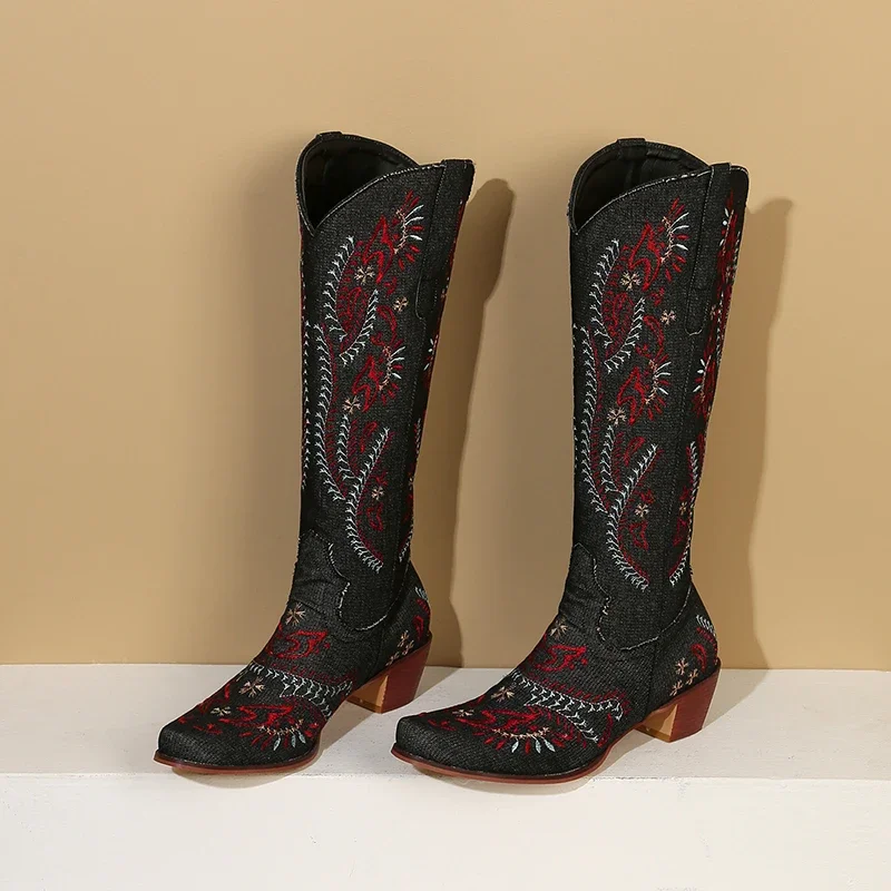 Blue Denim Western Cowgirl Kne - Embroidery Flower 评论和价格